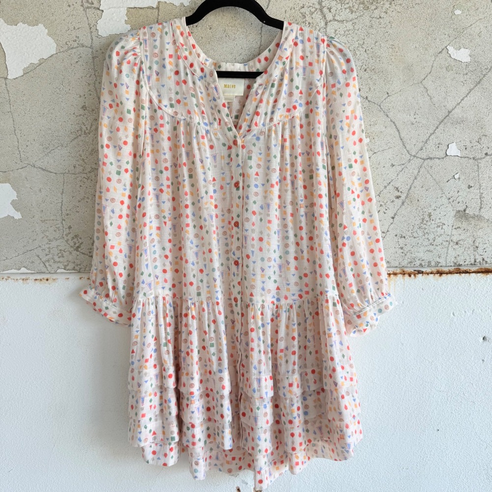 Anthropologie Tunic Top Mini Dress Geometric Print Tiered Ruffle Artistic Boho S